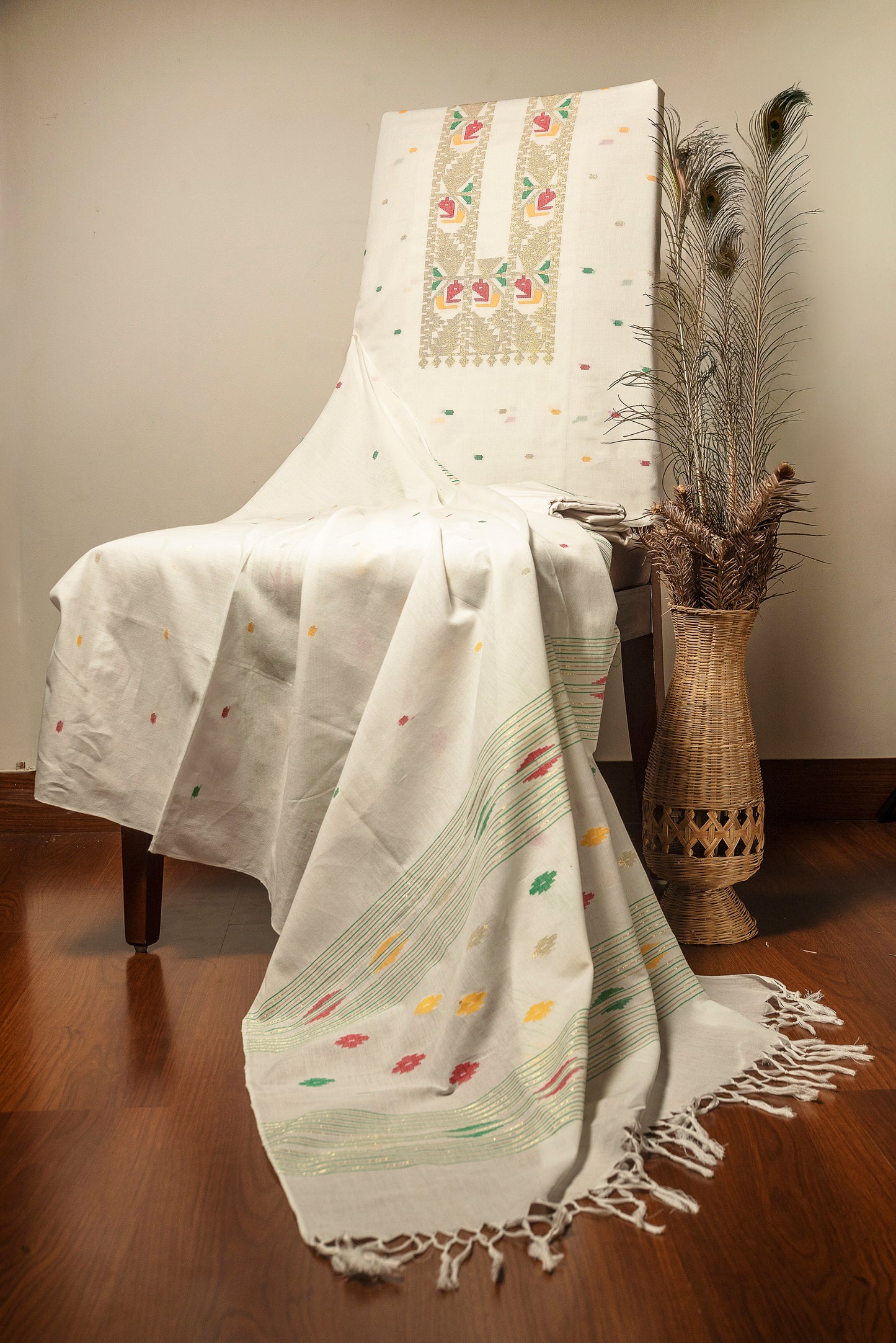 White Hand Woven Mul Jamdani Suit With Zari