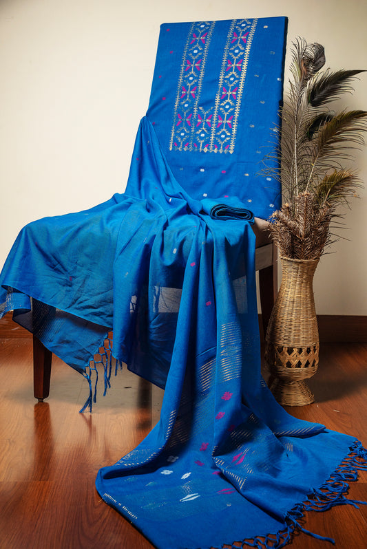 Blue Hand Woven Mul Jamdani Suit With Zari