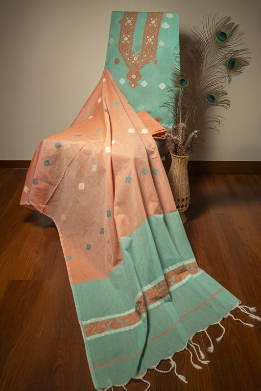 Cobalt Teal & Orange Cotton Jamdani Suit
