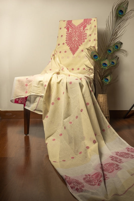 Soft Yellow & Pink Pure Cotton Jamdani Suit