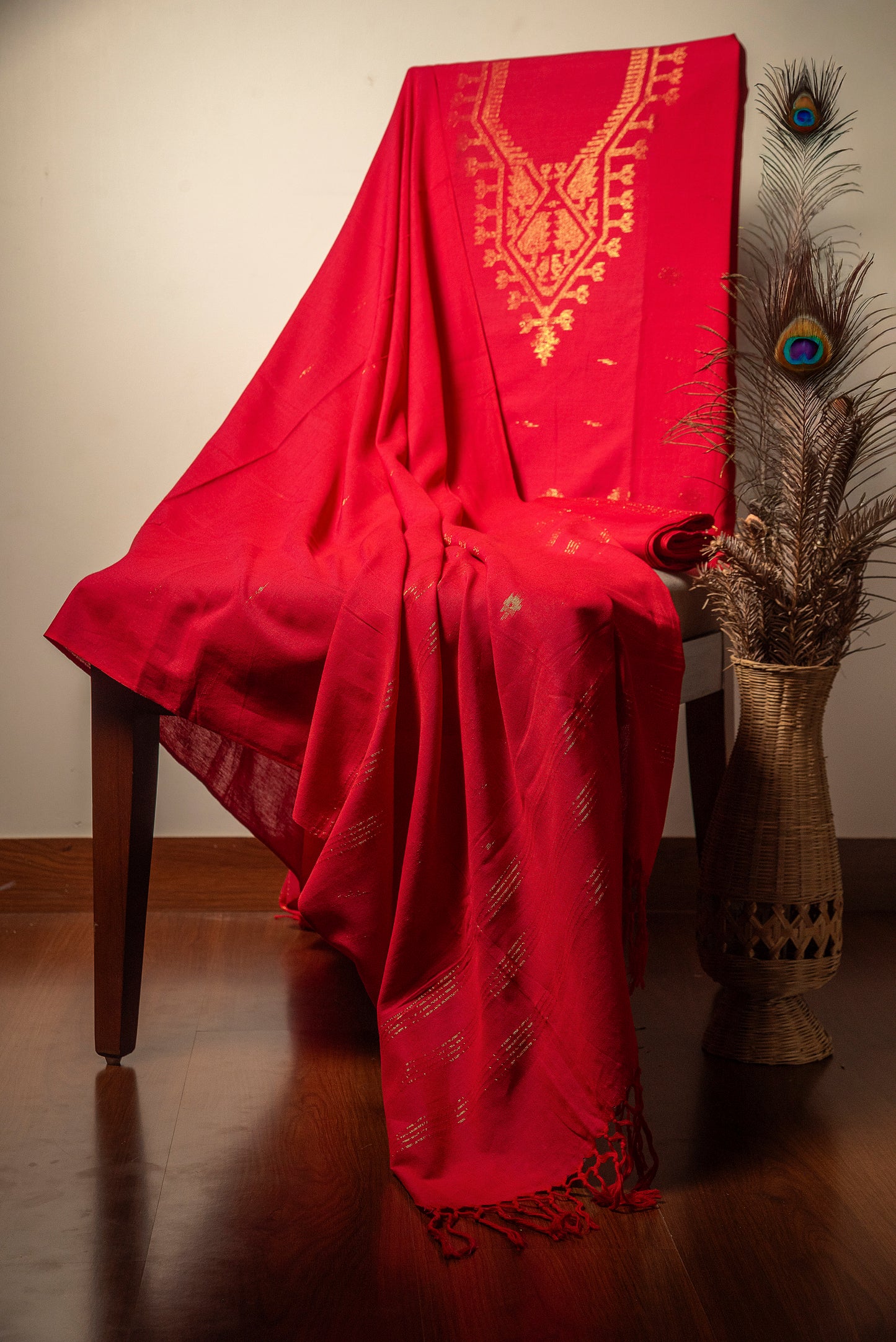 Red Hand Woven Mul Jamdani Suit With Zari