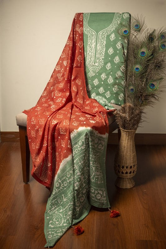 Green & Brown Mulmul Batik Suit