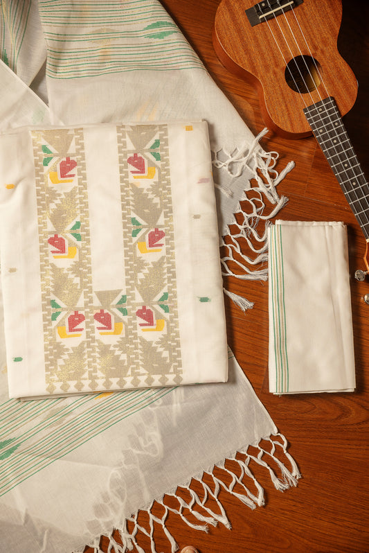 White Hand Woven Mul Jamdani Suit With Zari