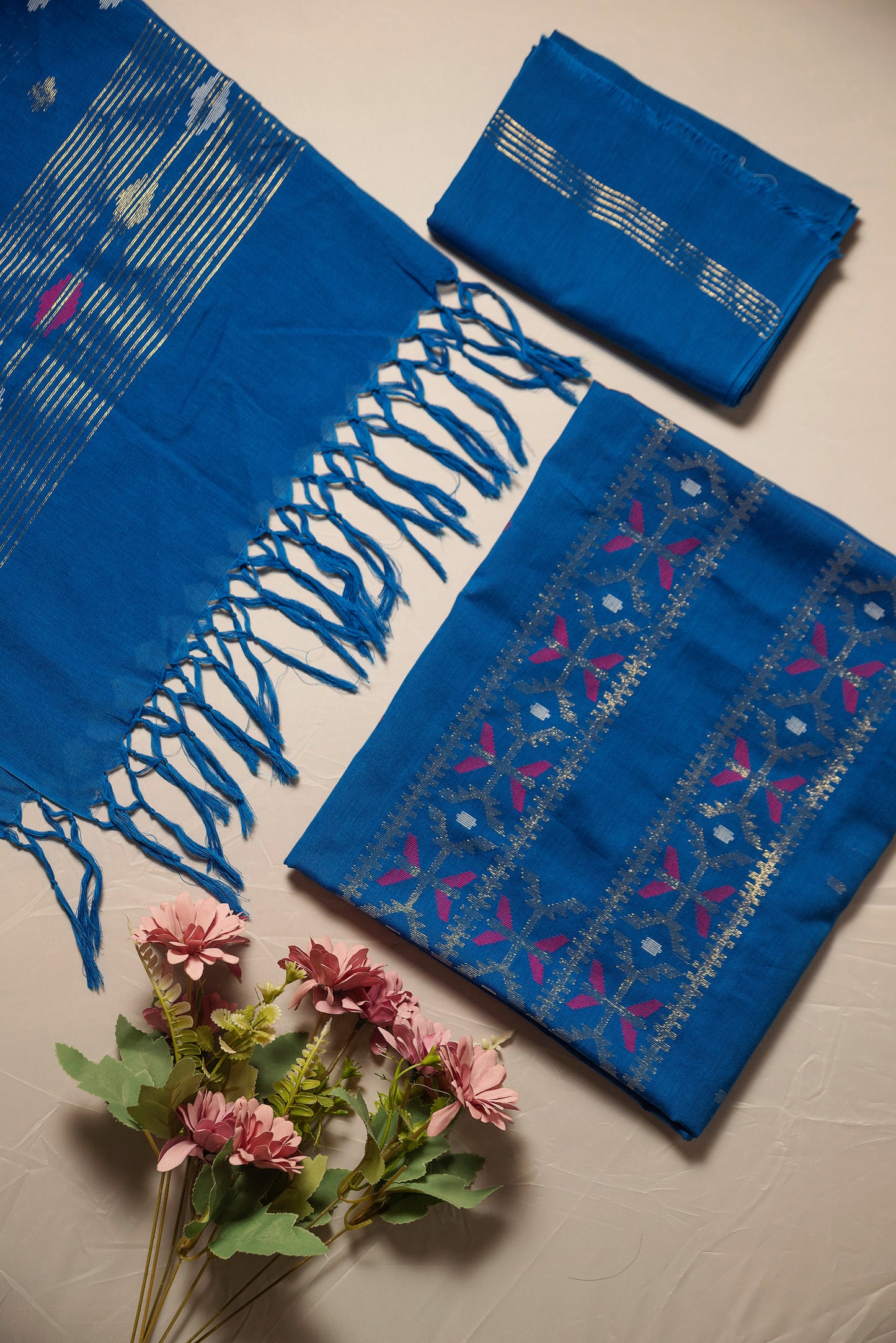 Blue Hand Woven Mul Jamdani Suit With Zari