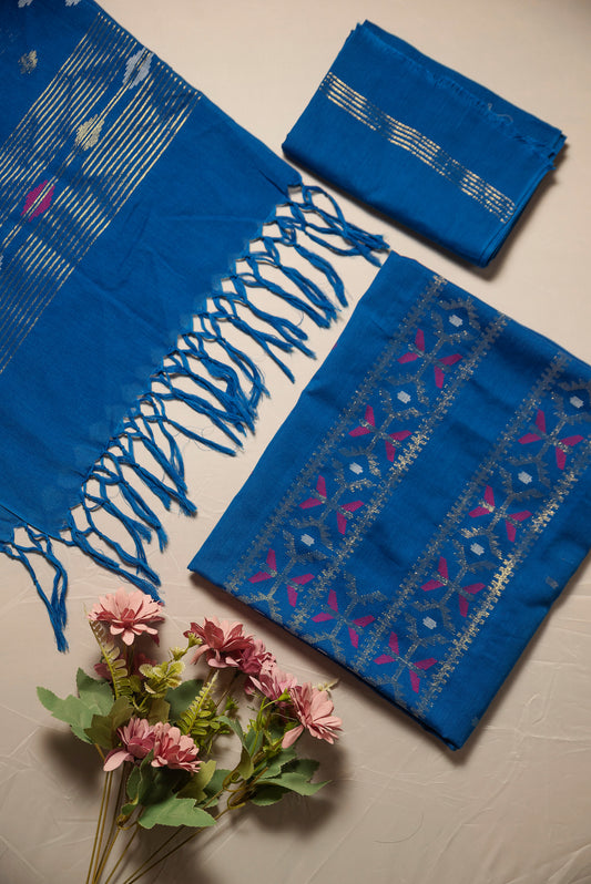 Blue Hand Woven Mul Jamdani Suit With Zari
