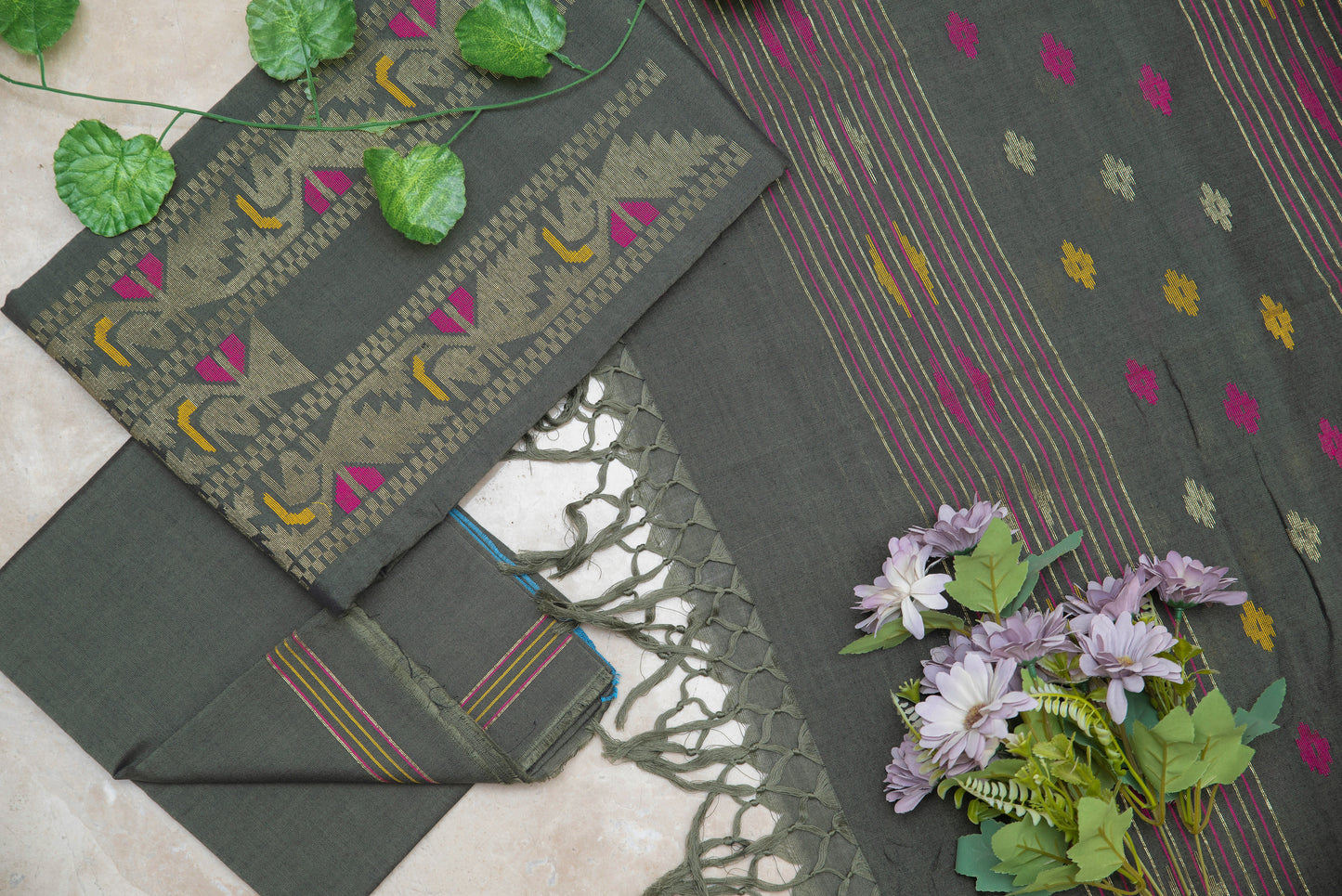 Olive Green Hand Woven Mul Jamdani Suit With Zari