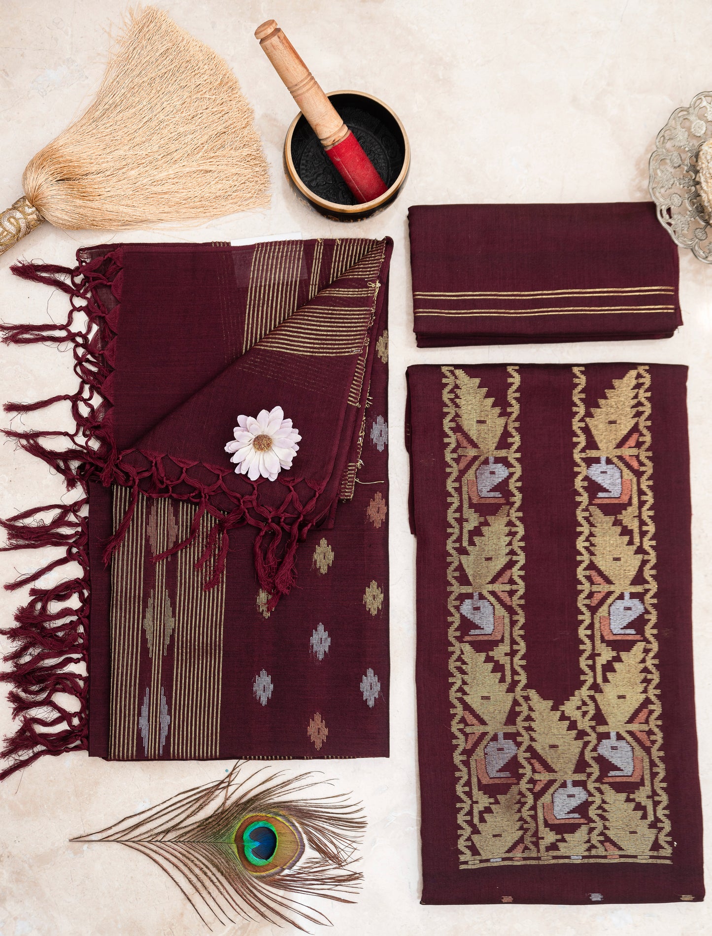 Maroon Hand Woven Mul Jamdani Suit With Zari