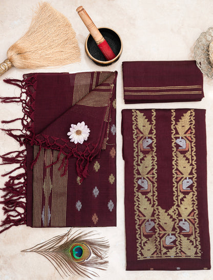 Maroon Hand Woven Mul Jamdani Suit With Zari