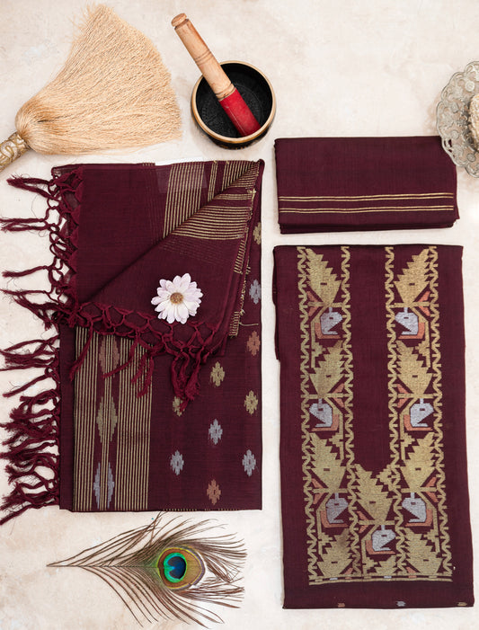 Maroon Hand Woven Mul Jamdani Suit With Zari
