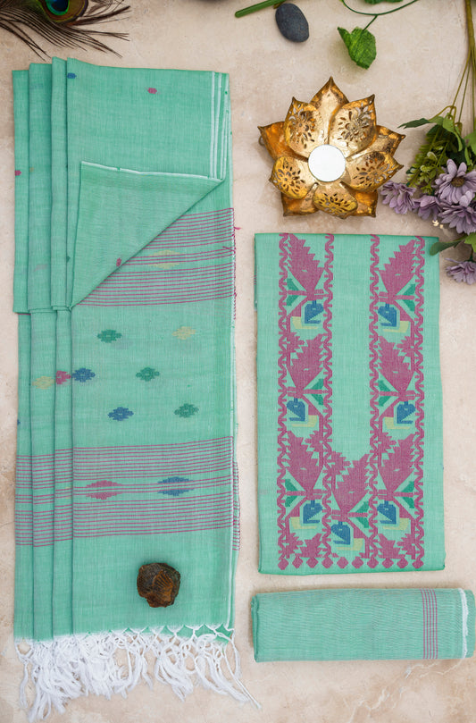 Mint Green & Pink Handwoven Mul Jamdani