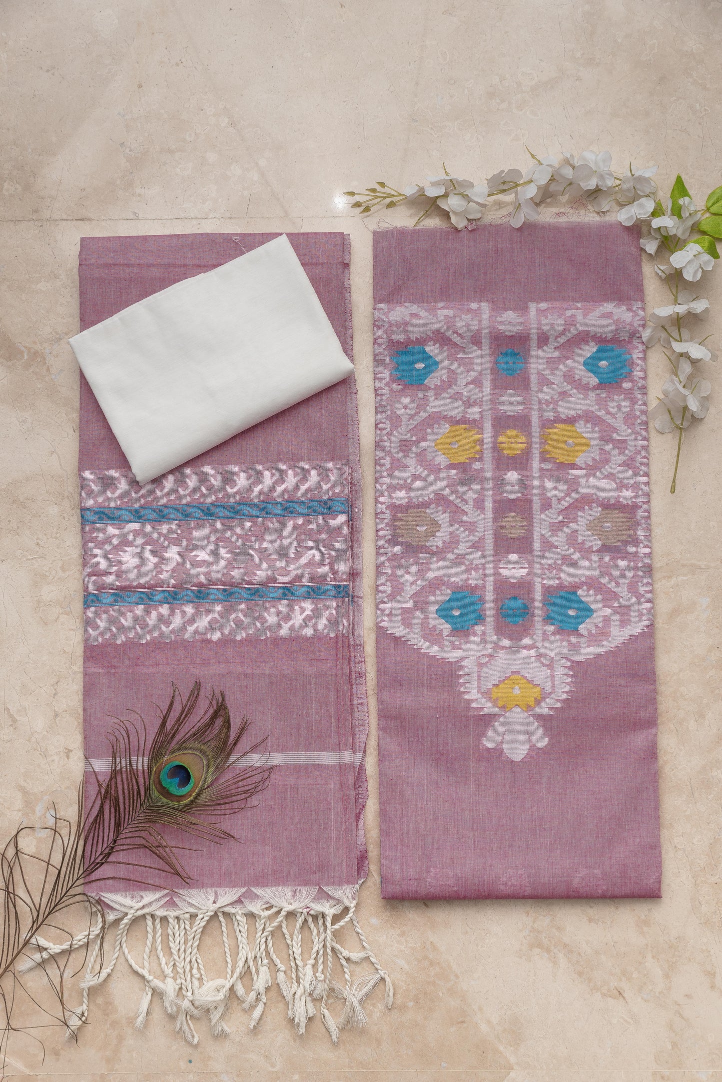 White & Pink Pure Cotton Jamdani Suit