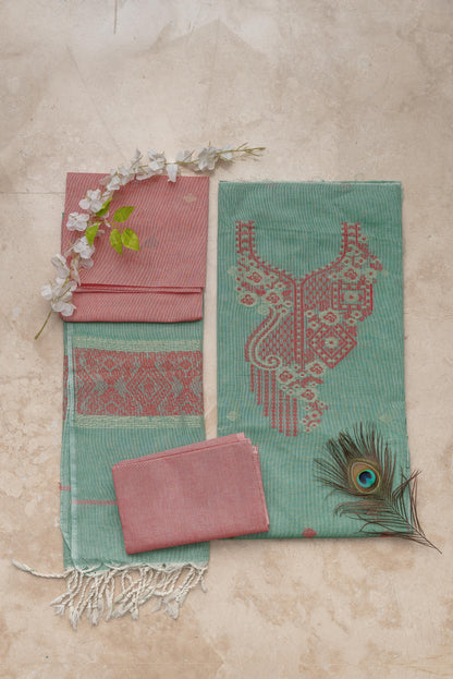Sea Green & Peach Pink Pure Cotton Jamdani Suit