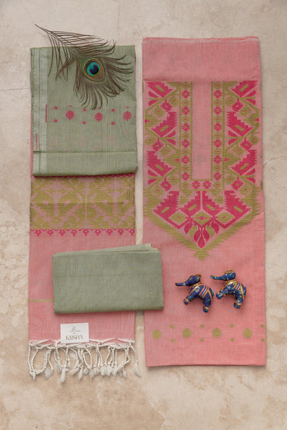 Coral & Pista Green Pure Cotton Jamdani Suit