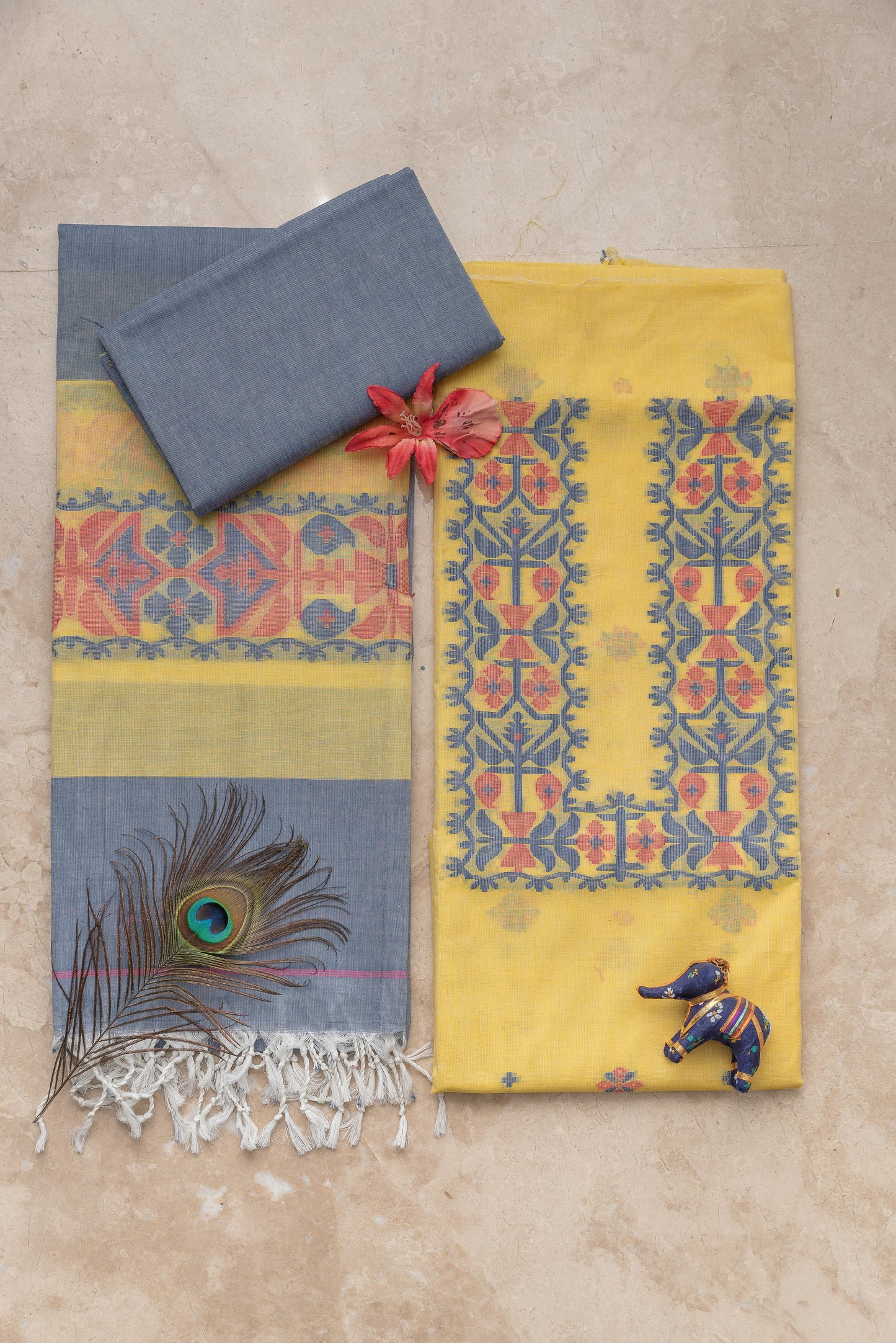 Yellow & Blue Pure Cotton Jamdani Suit