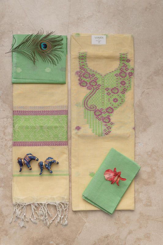 Light Green & Yellow Mulmul Jamdani Suit