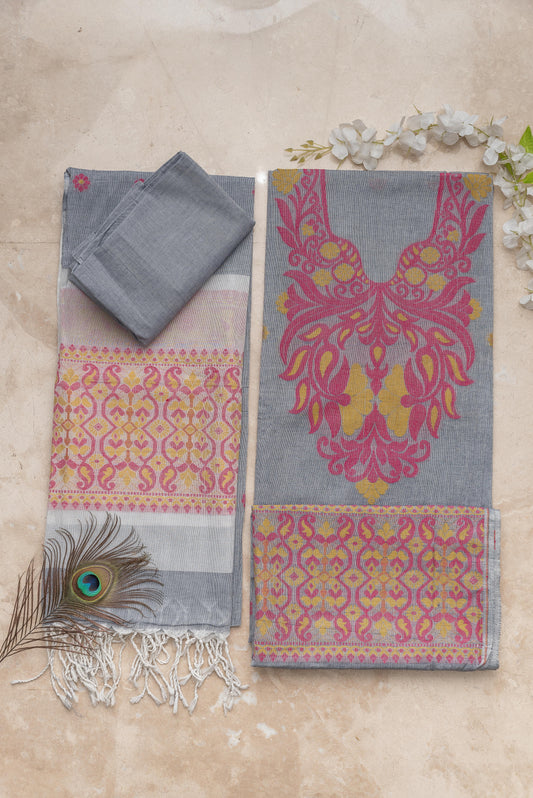 Grey, Magenta & Yellow Mulmul Jamdani Suit