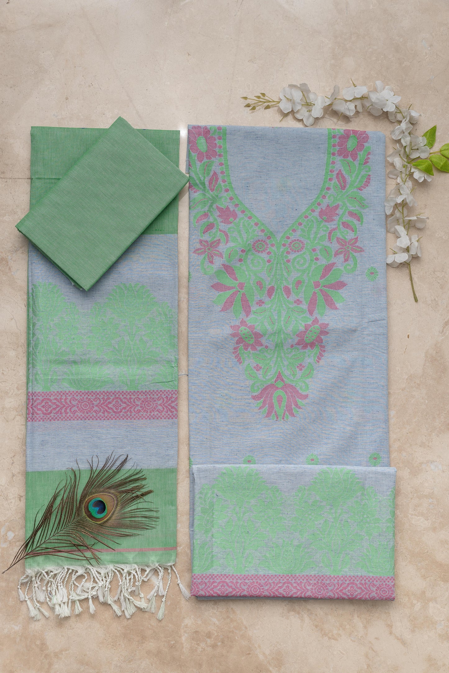 Green & Blue Pure Cotton Jamdani Suit