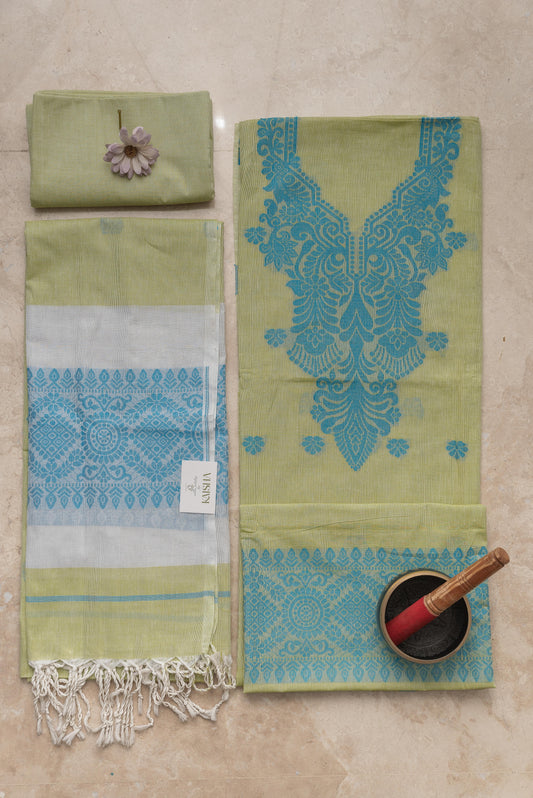 Pista Green & Blue Mulmul Jamdani Suit