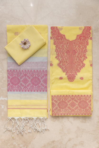 Bright Yellow & Red Pure Cotton Jamdani Suit