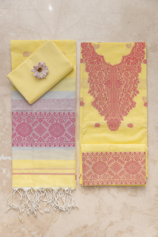 Bright Yellow & Red Mulmul Jamdani Suit