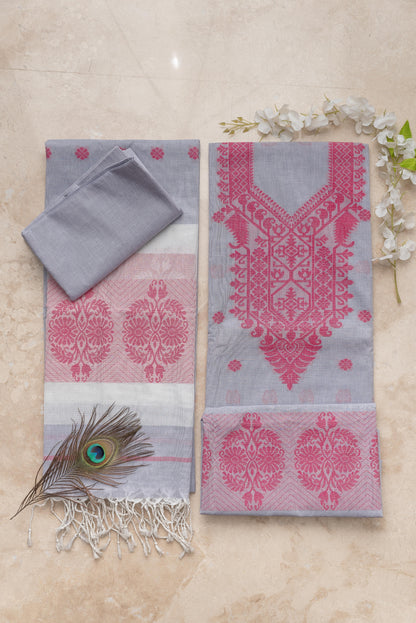 Ash Blue & Magenta Pure Cotton Jamdani Suit