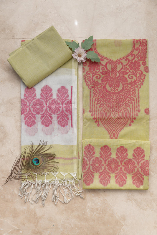 Pista Green & Red Mulmul Jamdani Suit