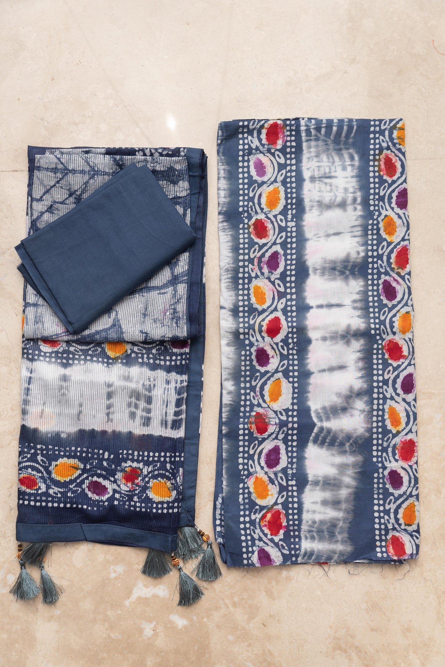 Grey With Multicolors Mulmul Batik Suit
