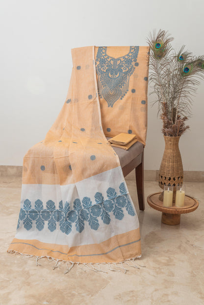 Peach & Blue Pure Cotton Jamdani Suit