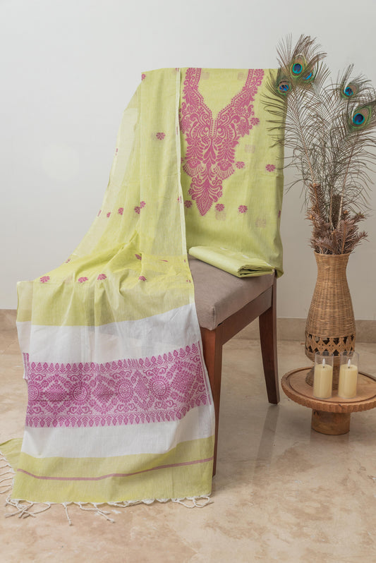 Pista Green & Magenta Mulmul Jamdani Suit