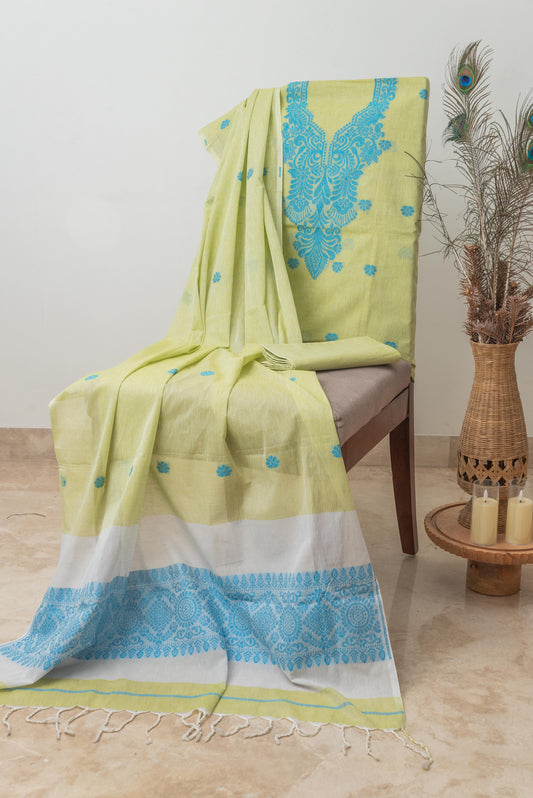 Pista Green & Blue Mulmul Jamdani Suit