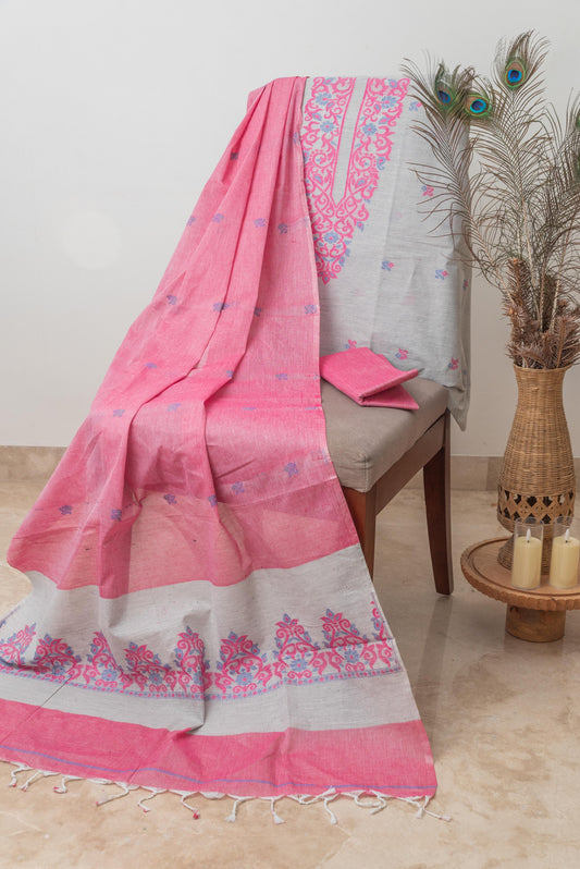 Light Grey & Magenta Mulmul Jamdani Suit