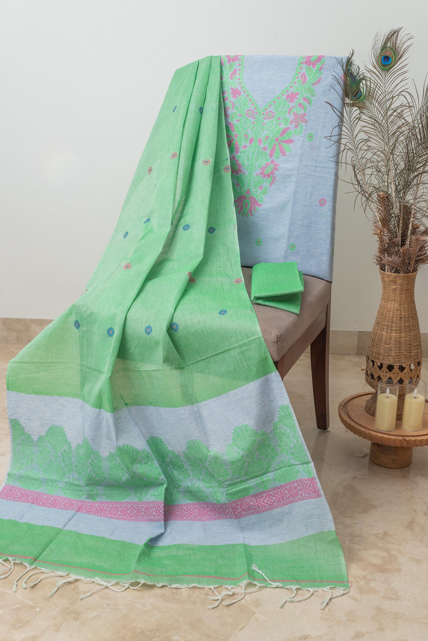 Green & Blue Pure Cotton Jamdani Suit
