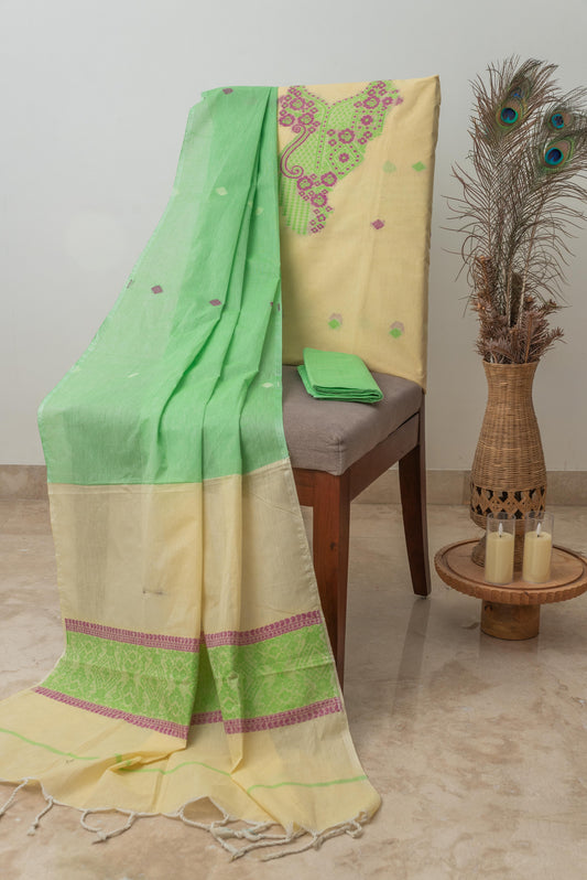 Light Green & Yellow Mulmul Jamdani Suit