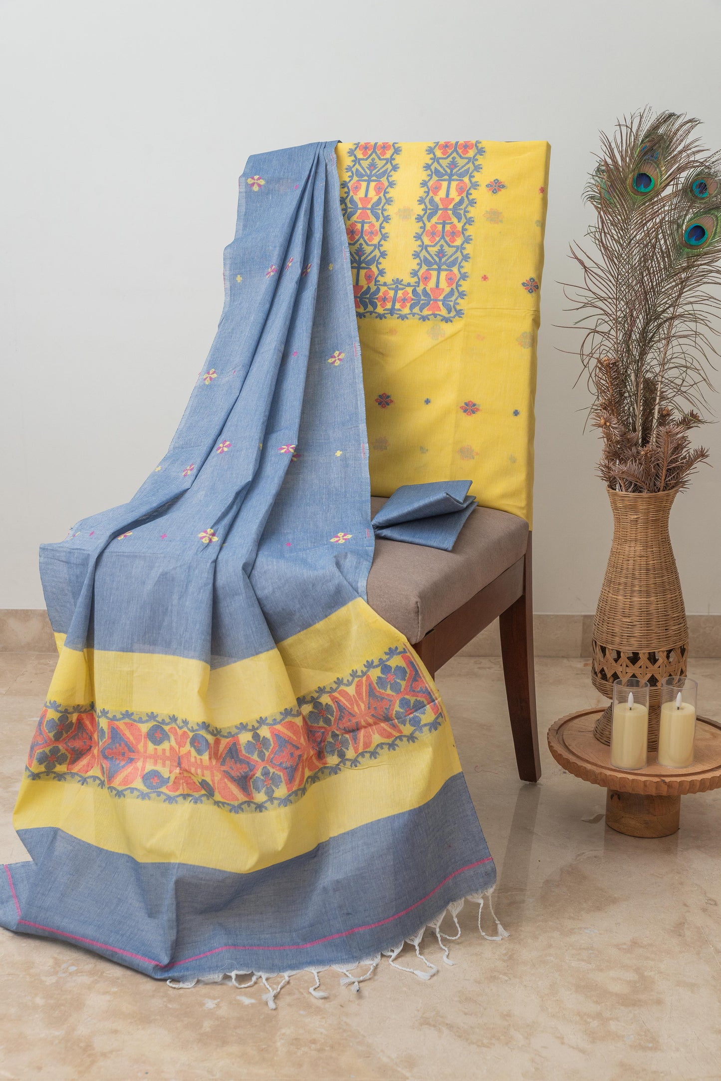 Yellow & Blue Pure Cotton Jamdani Suit