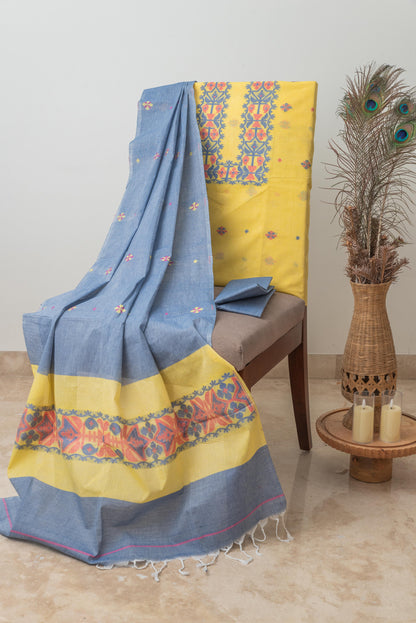 Yellow & Blue Pure Cotton Jamdani Suit
