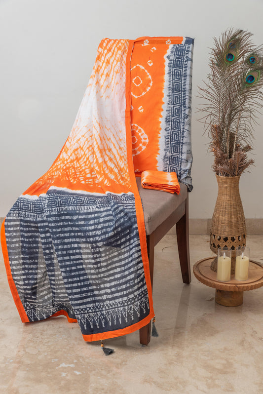 Grey & Orange Mulmul Batik Suit