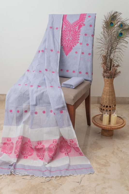 Ash Blue & Magenta Mulmul Jamdani Suit
