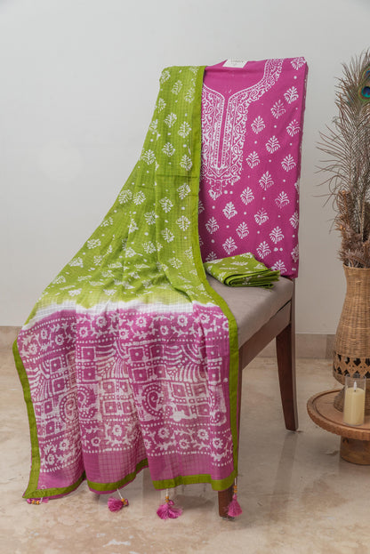 Green & Purple Mulmul Batik Suit