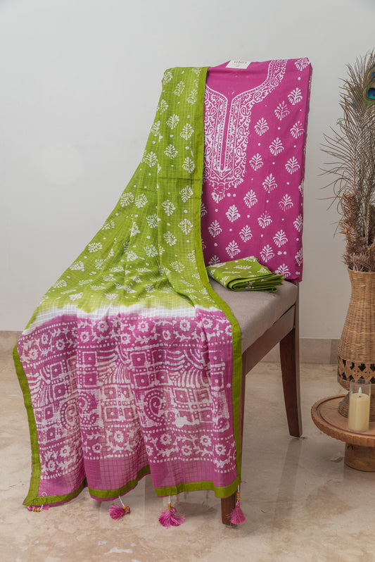 Green & Purple Mulmul Batik Suit