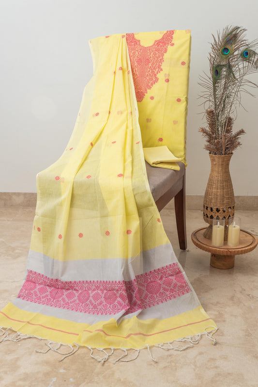 Bright Yellow & Red Mulmul Jamdani Suit