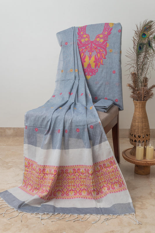 Grey, Magenta & Yellow Mulmul Jamdani Suit