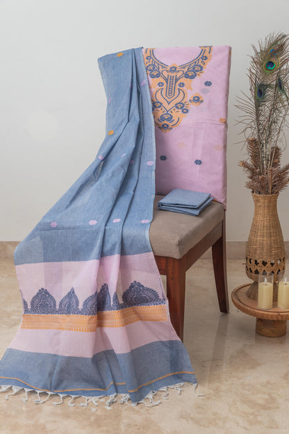 Ash Blue & Light Pink Pure Cotton Jamdani Suit