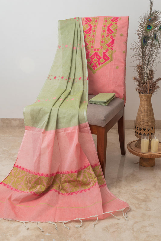 Coral & Pista Green Mulmul Jamdani Suit