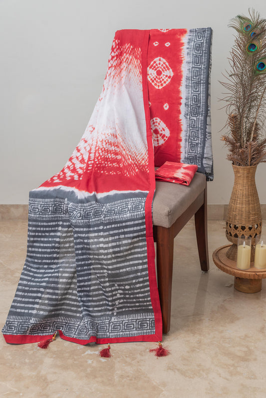 Grey & Red Mulmul Batik Suit