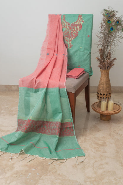 Sea Green & Peach Pink Pure Cotton Jamdani Suit