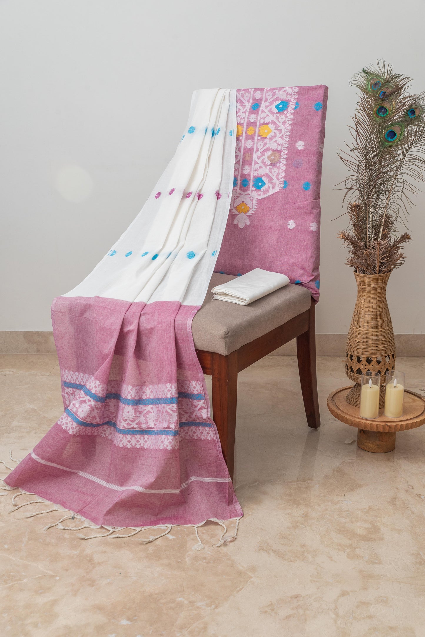 White & Pink Pure Cotton Jamdani Suit
