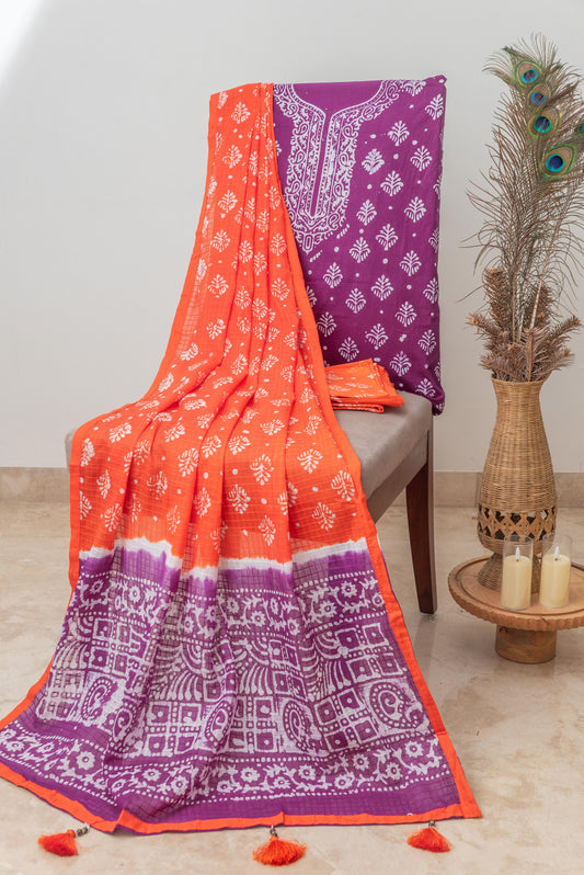 Purple & Orange Mulmul Batik Suit