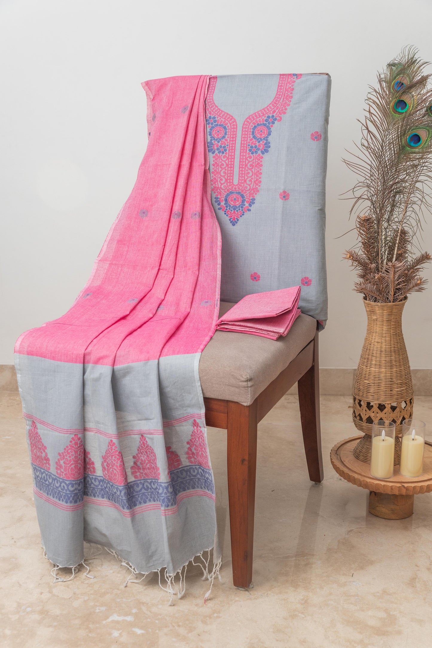 Grey & Pink Pure Cotton Jamdani Suit