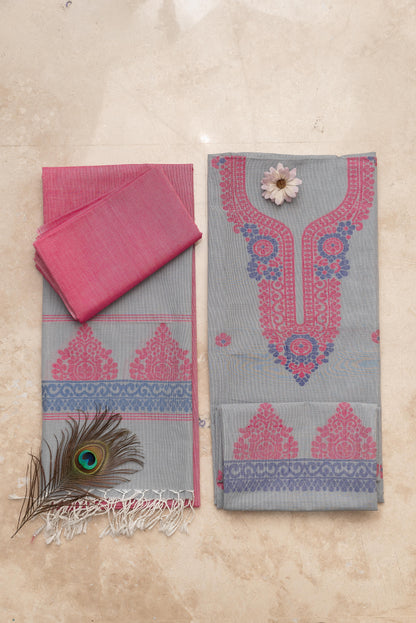 Grey & Pink Pure Cotton Jamdani Suit