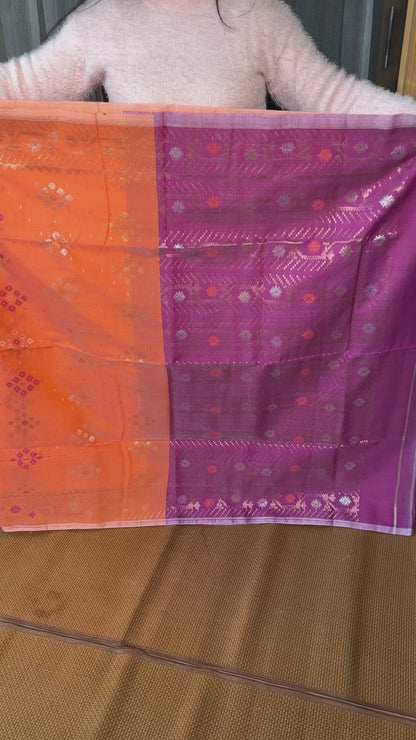 Orange Cotton Silk Saree With Zari Booti